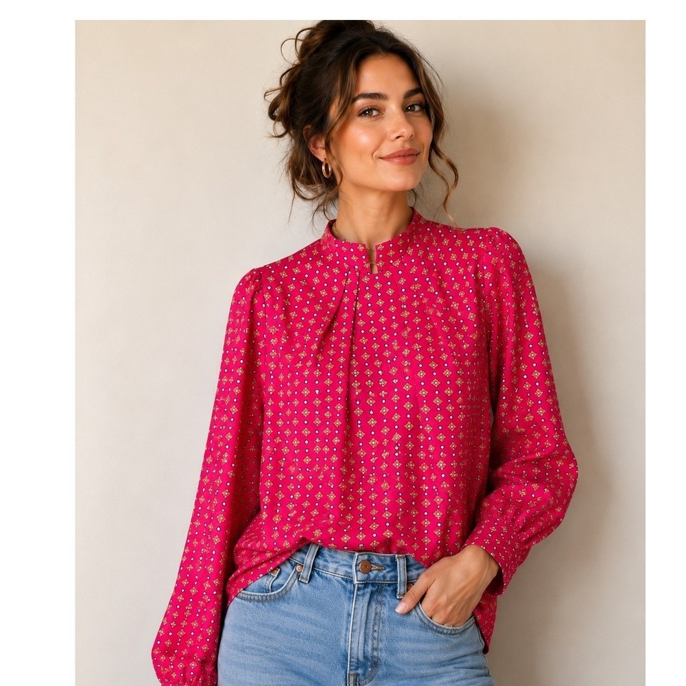 SHEIN Pink Geo Print Mock Neck Long Sleeve Blouse Top Size M